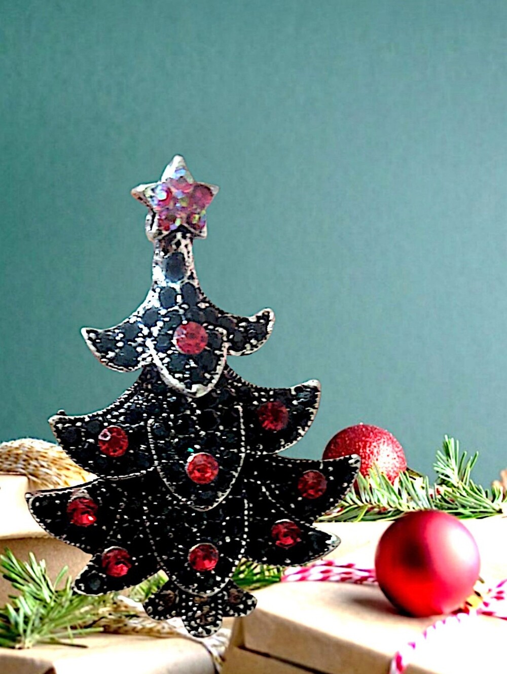 Holiday Black and Red Christmas Tree Brooch
